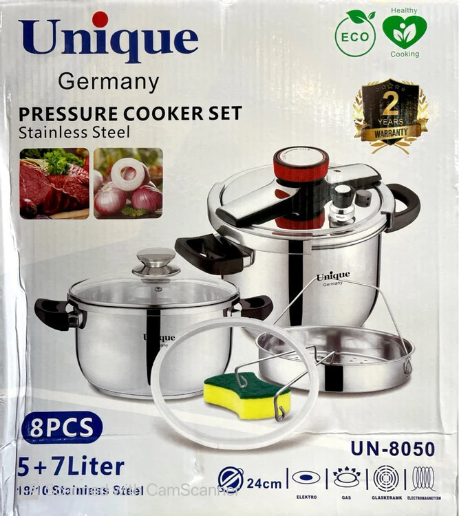زود پز و پلوپز دو قلو یونیک 8 پارچه 5 و 7 لیتر استیل لیسانس آلمان مدل UNIQUE UN-8050